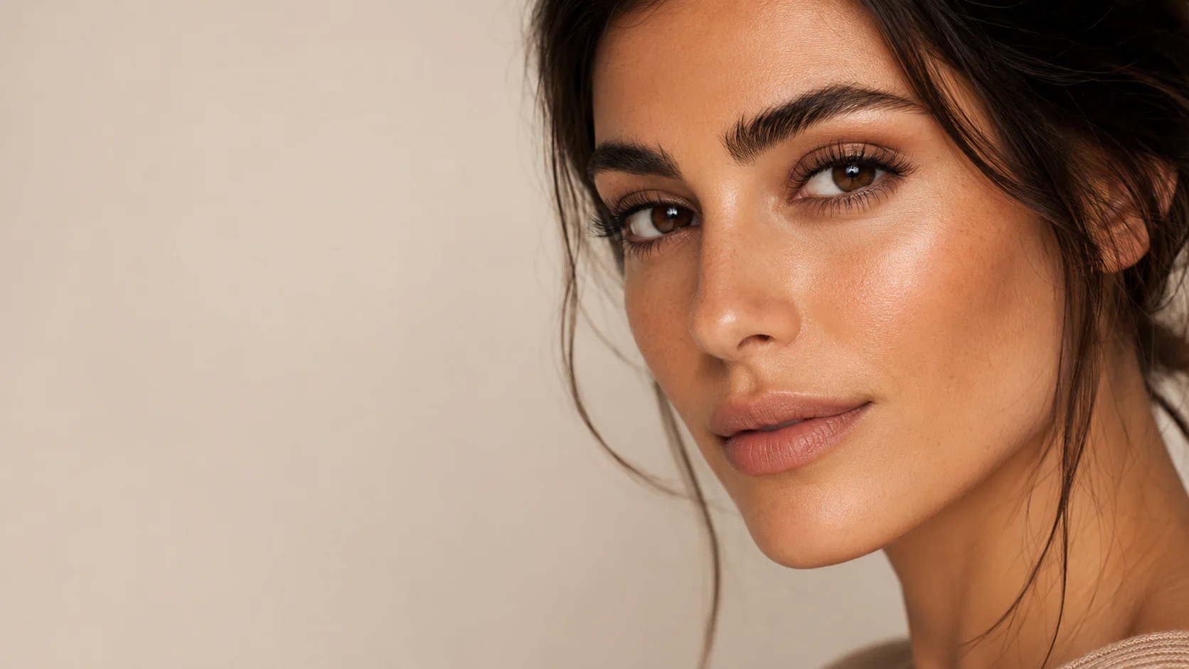 Ritratto beauty realistico con focus su ciglia e sopracciglia